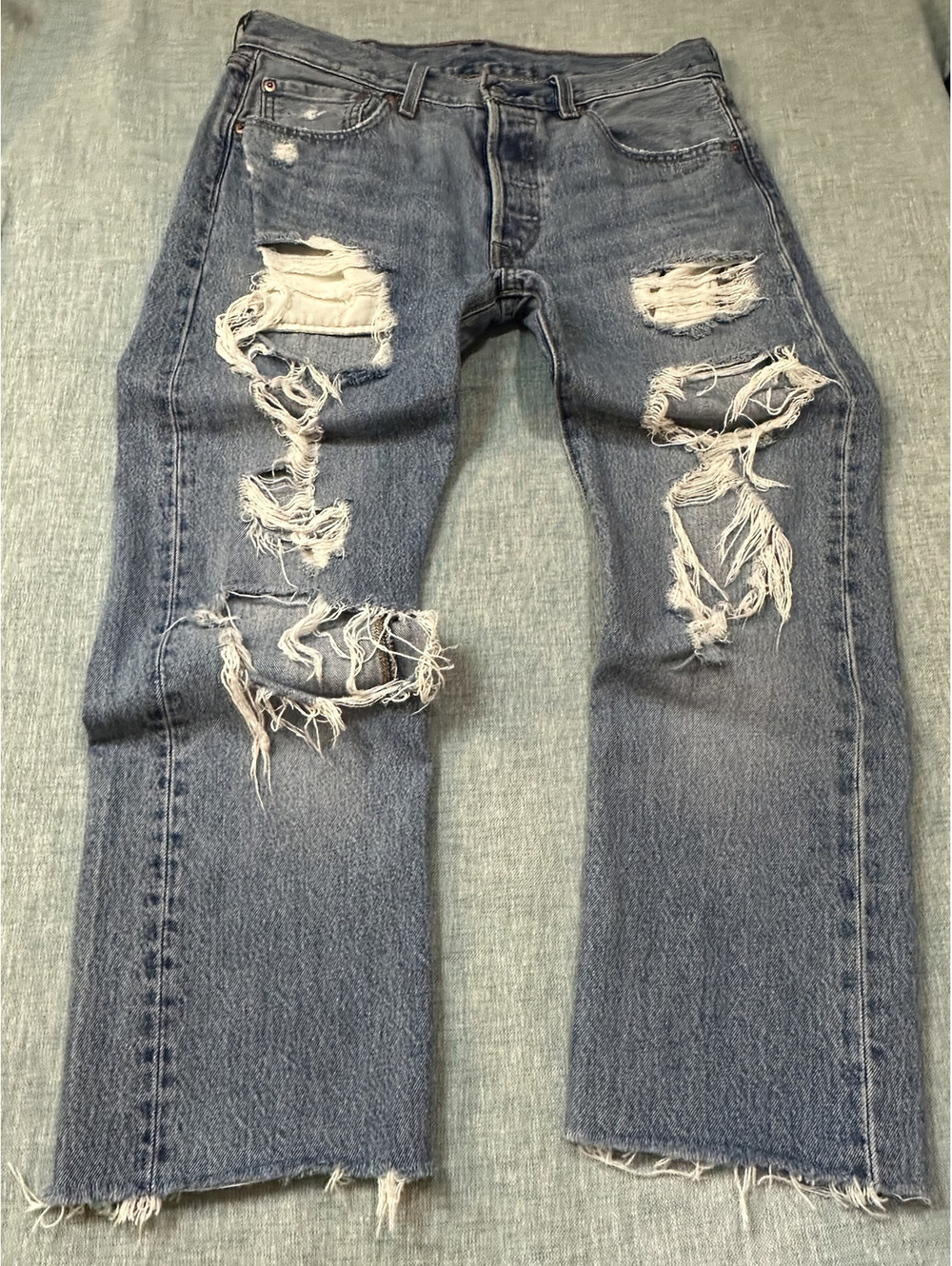 Levi's 501 Distressed Light Wash Denim Jeans Button Fly Straight Leg Mens Womens